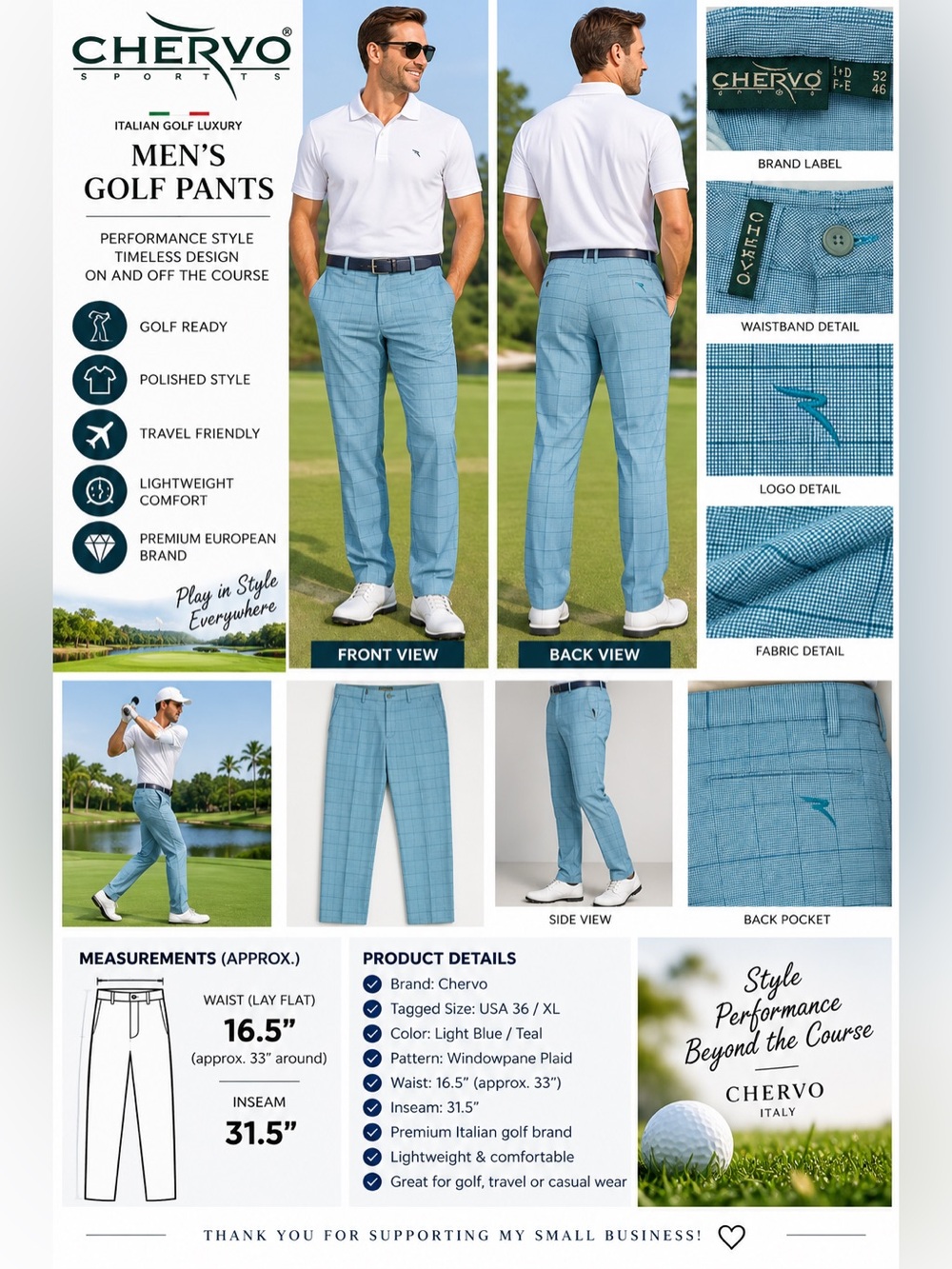 Chervo Men’s Golf Pants Size 36 XL Blue Windowpane Plaid Italian Golf Trousers